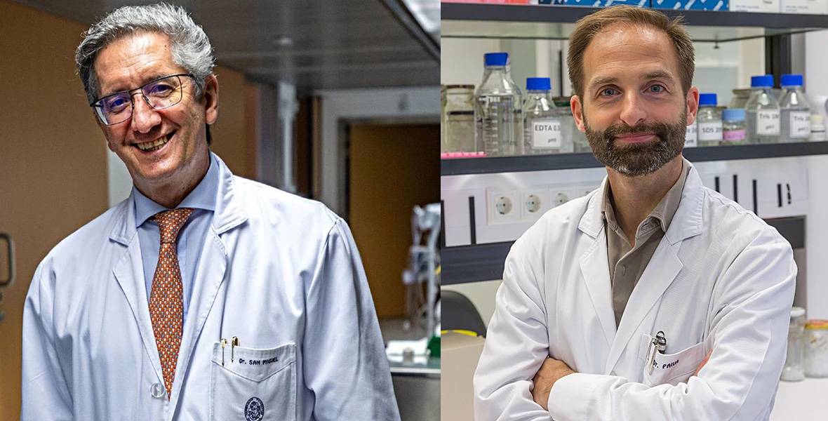 El Dr. Jesús San Miguel y el Dr. Bruno Paiva Img del Dr. San Miguel y el Dr. Paiva con motivo de la noticia sobre la aprobación de la FDA para adelantar los fármacos en ensayos clínicos para pacientes de mieloma.