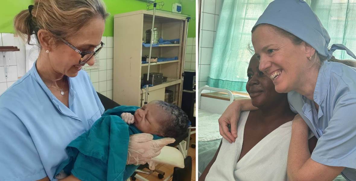 Proyecto matronas Congo. Clínica Universidad de Navarra Imagen de dos matronas de la Clínica Universidad con un bebé recién nacido y una madre en el Congo, con motivo de un proyecto de formación en el país africano.