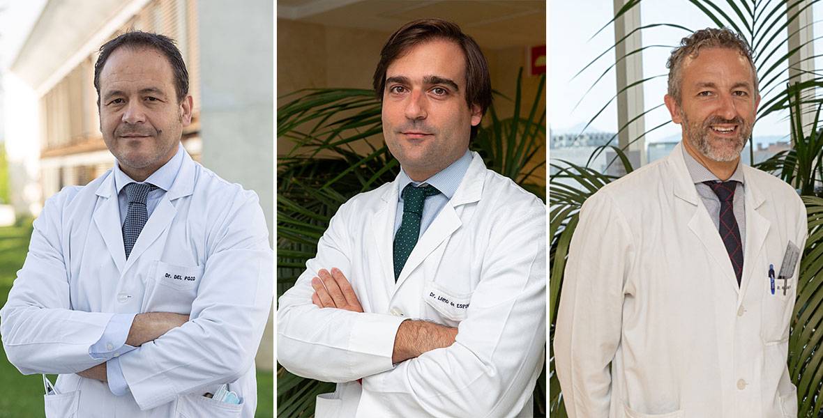 Especialistas de la Clínica participantes en la investigación sobre prótesis articulares y campos electricos Imagen del Dr. Del Pozo, y de los Dres. Lamo de Espinosa y Valentí, participantes en el proyecto de investigación.