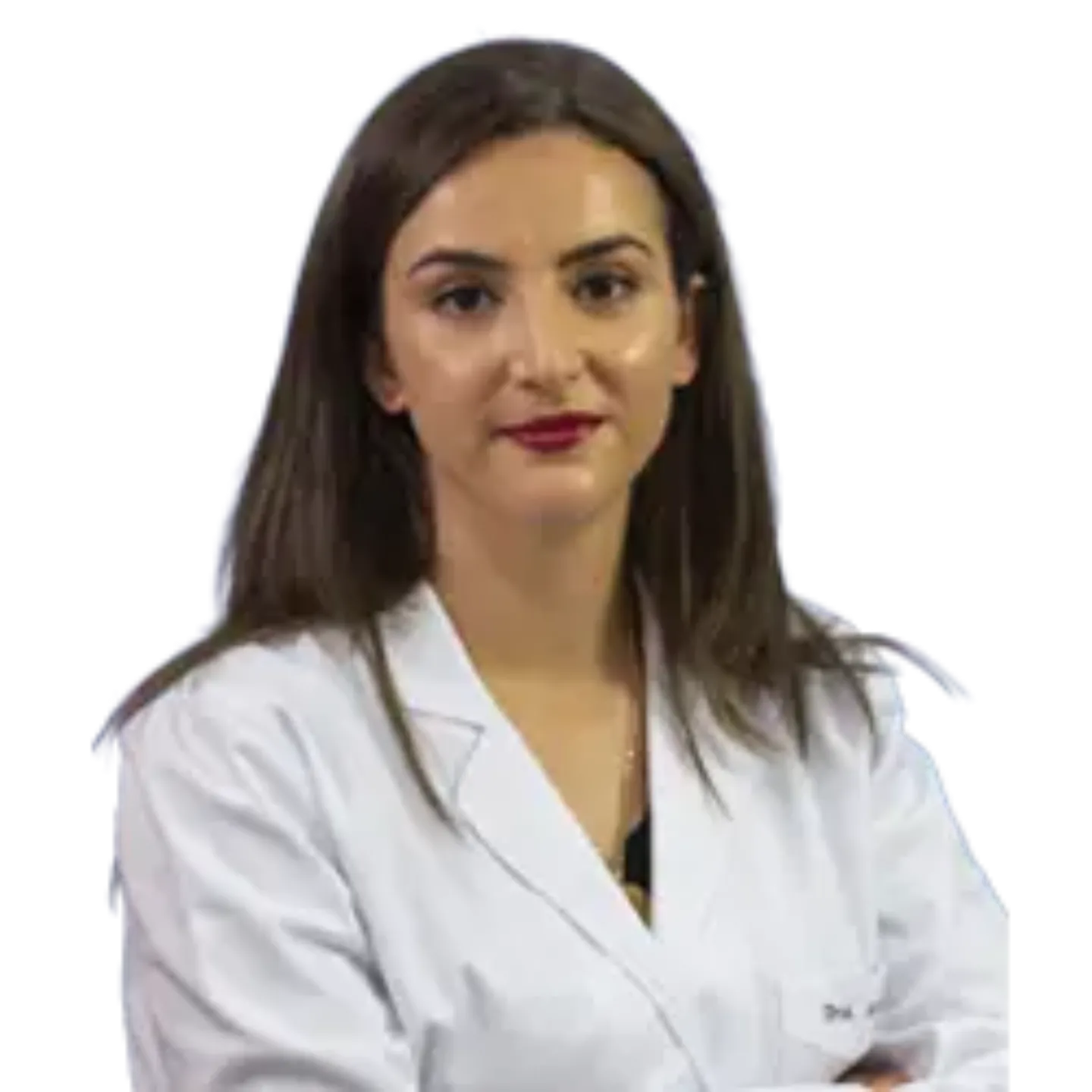 Imagen silueteada de una doctora residente morena con bata.