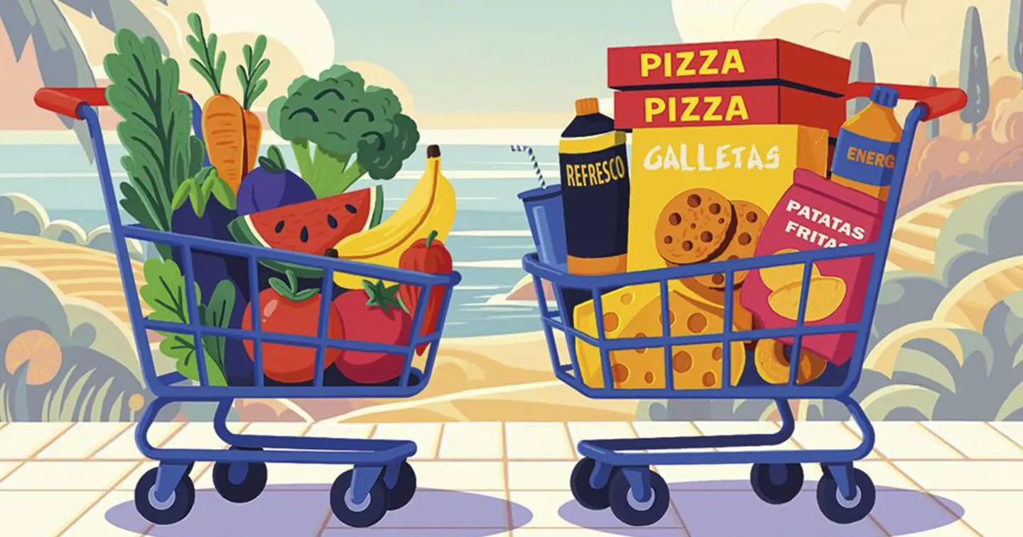 Ilustración de dos carros de la compra. Ilustración con dos opciones de carro de la compra: dieta saludable y ultraprocesados.