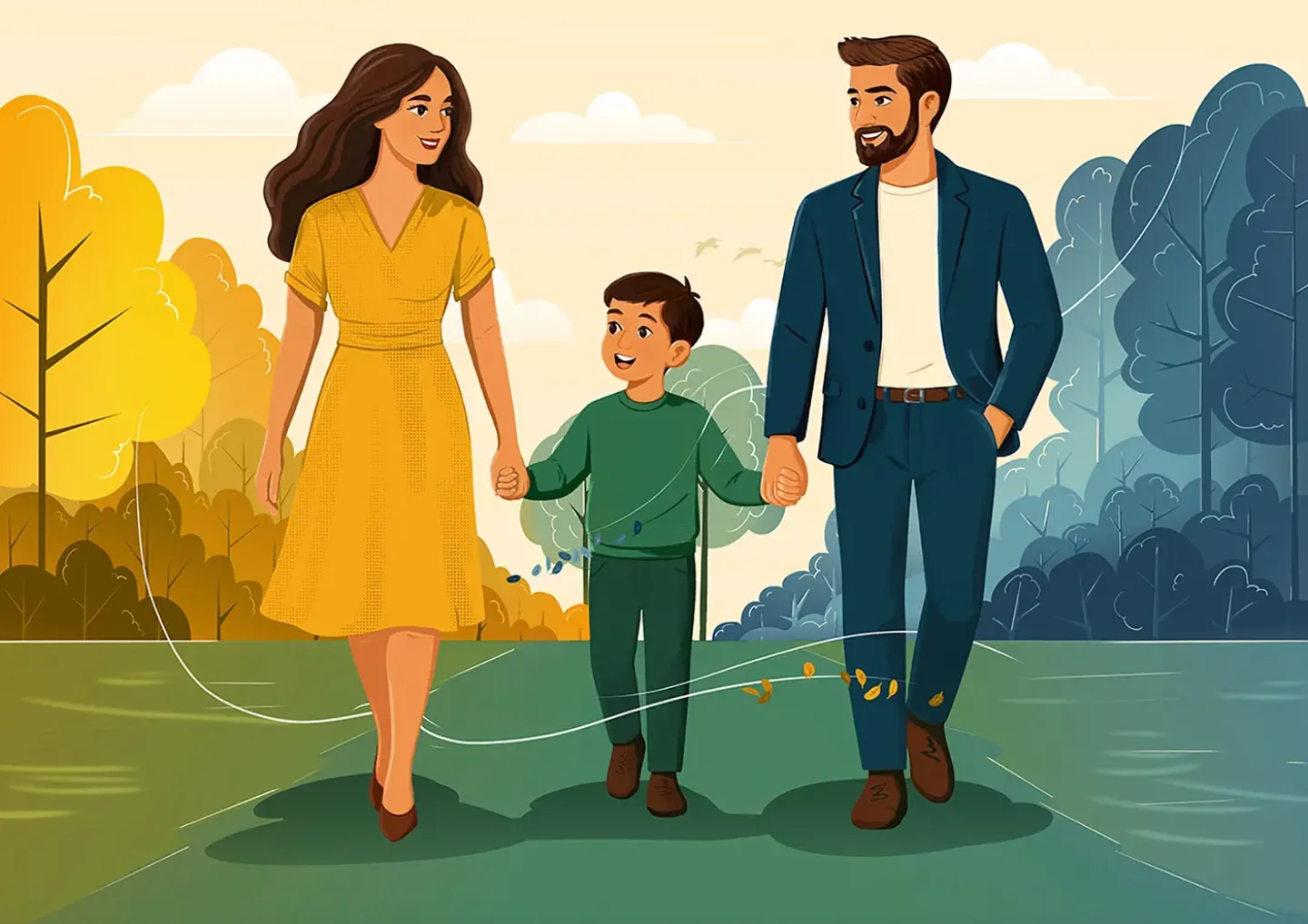 Ilustración sobre crianza en familia Ilustración de unos padres y un hijo caminando juntos de la mano.