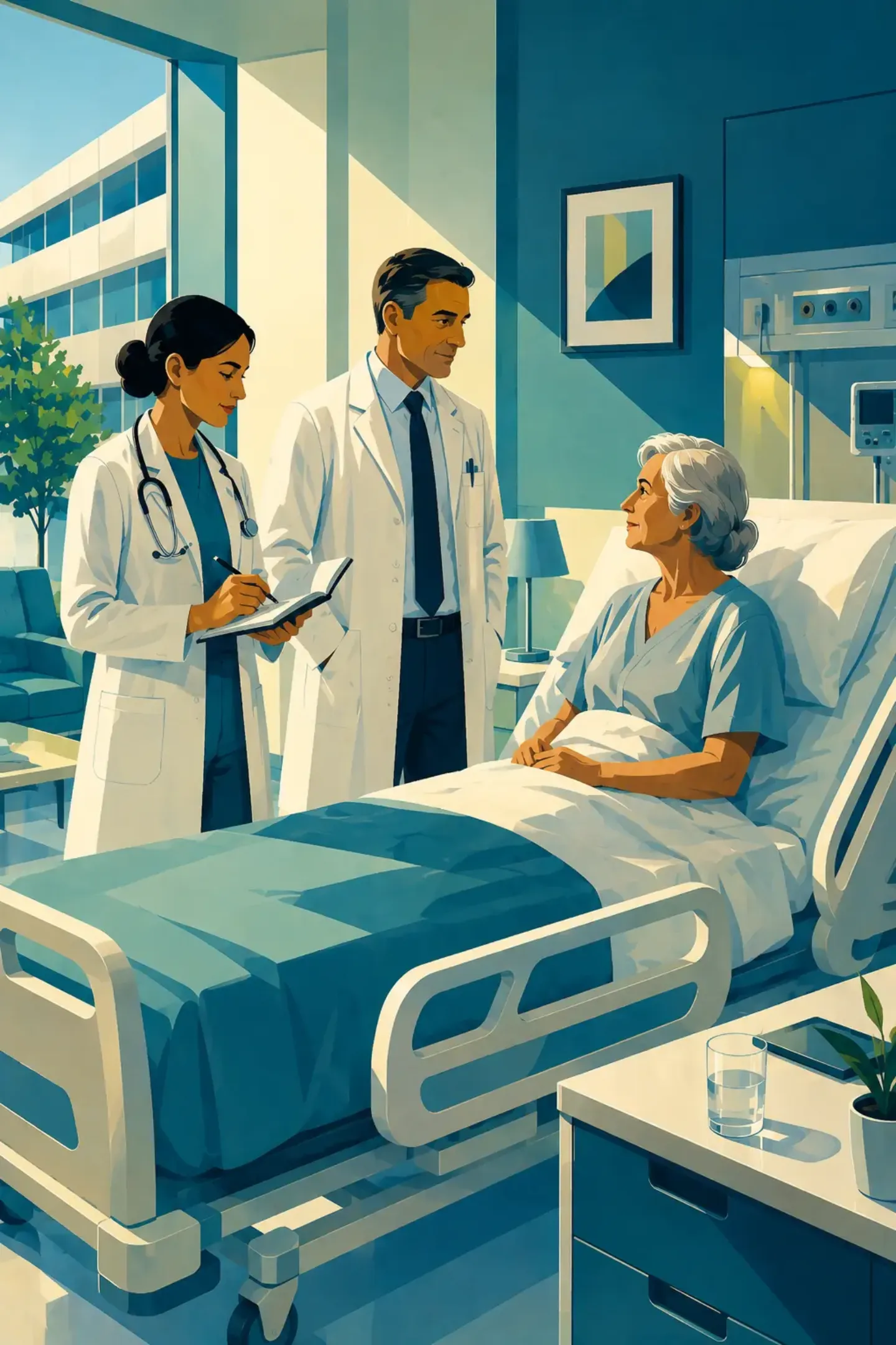 Ilustración de dos médicos hablando con un paciente hospitalizado tumbado en su cama.
