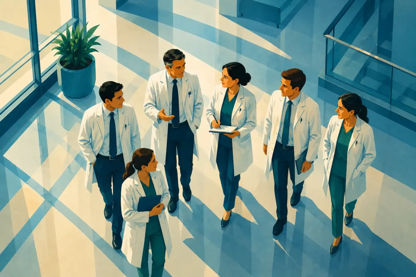 Ilustración de un grupo de médicos caminando y hablando entre ellos por un pasillo de un hospital.