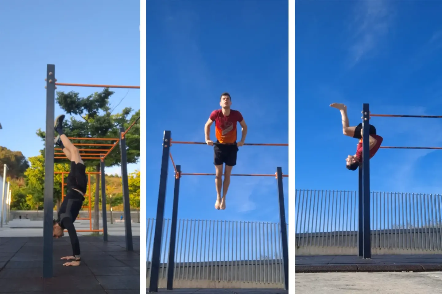 Tres imágenes de un residente de la Clínica Universidad de Navarra haciendo calistenia en un parque de Pamplona.