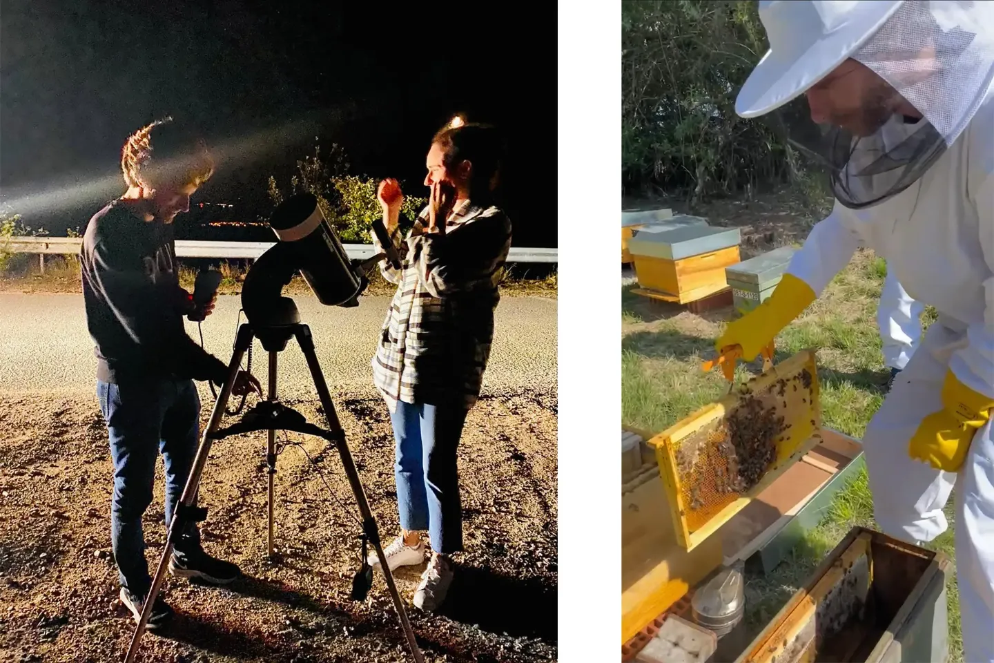 Imagen de un residente de la Clínica Universidad de Navarra con un traje de apicultor en el campo y otra del mismo residente por la noche con una compañera y un telescopio.