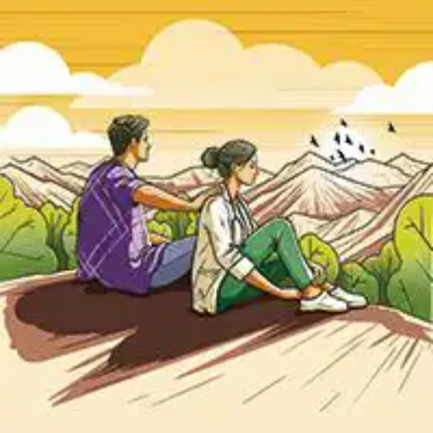 Imagen de la ilustración sobre dos personas viviendo una pausa para recuperar el ritmo y el cuidado de la salud mental.