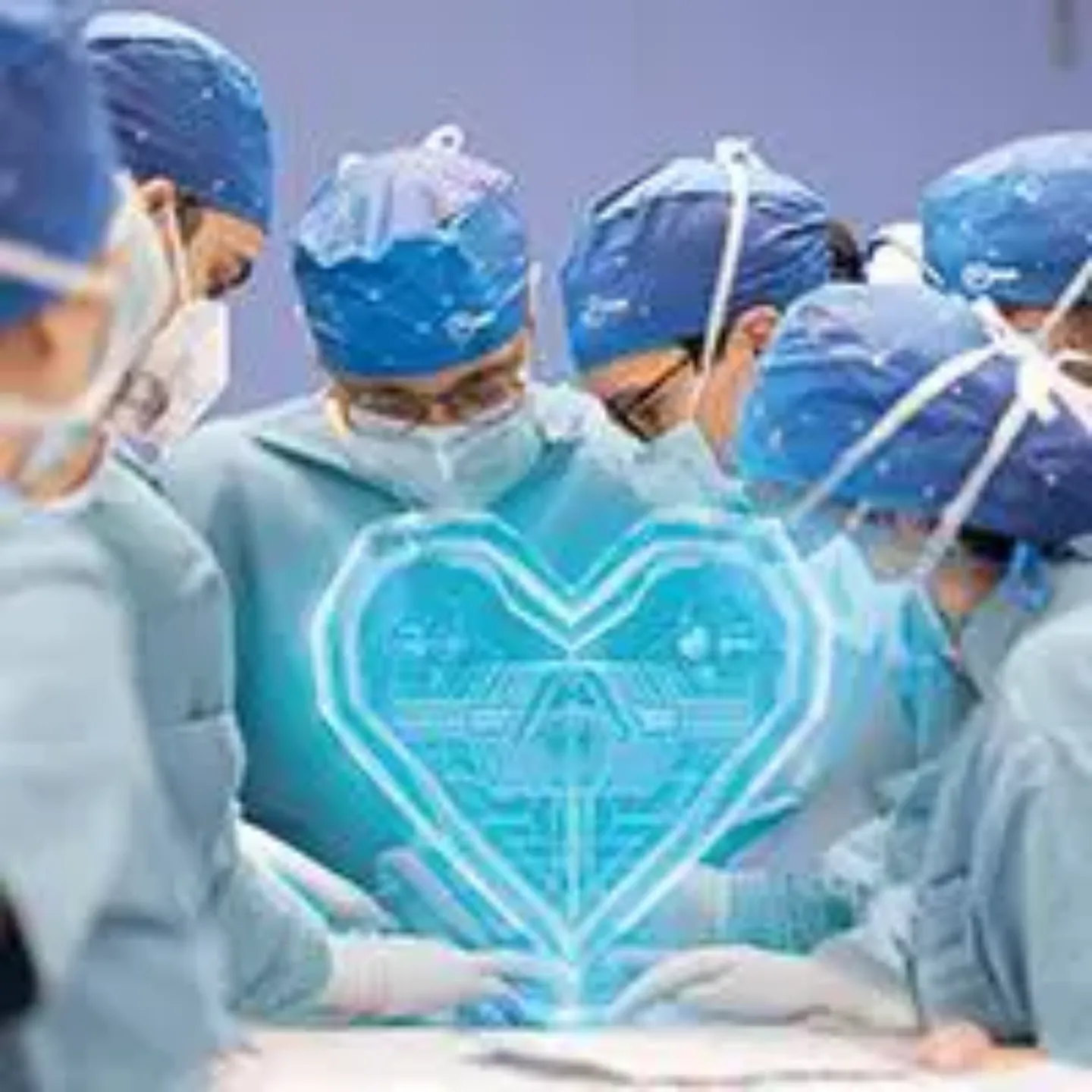 Imagen de varios cirujanos en un quirófano con un holograma de un corazón generado con Inteligencia Artificial. Clínica Universidad de Navarra