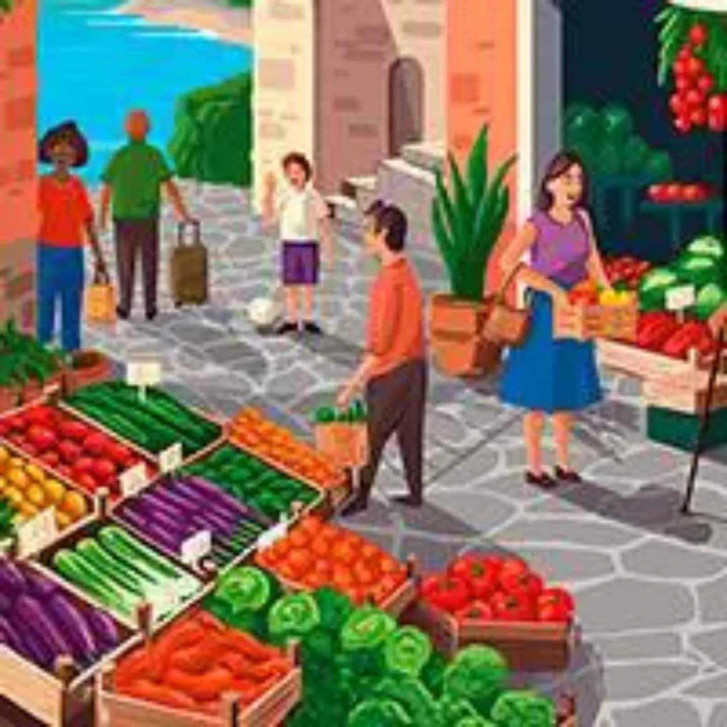 Ilustración de un pueblo mediterráneo con su paisaje y sus habitantes. Clínica Universidad de Navarra