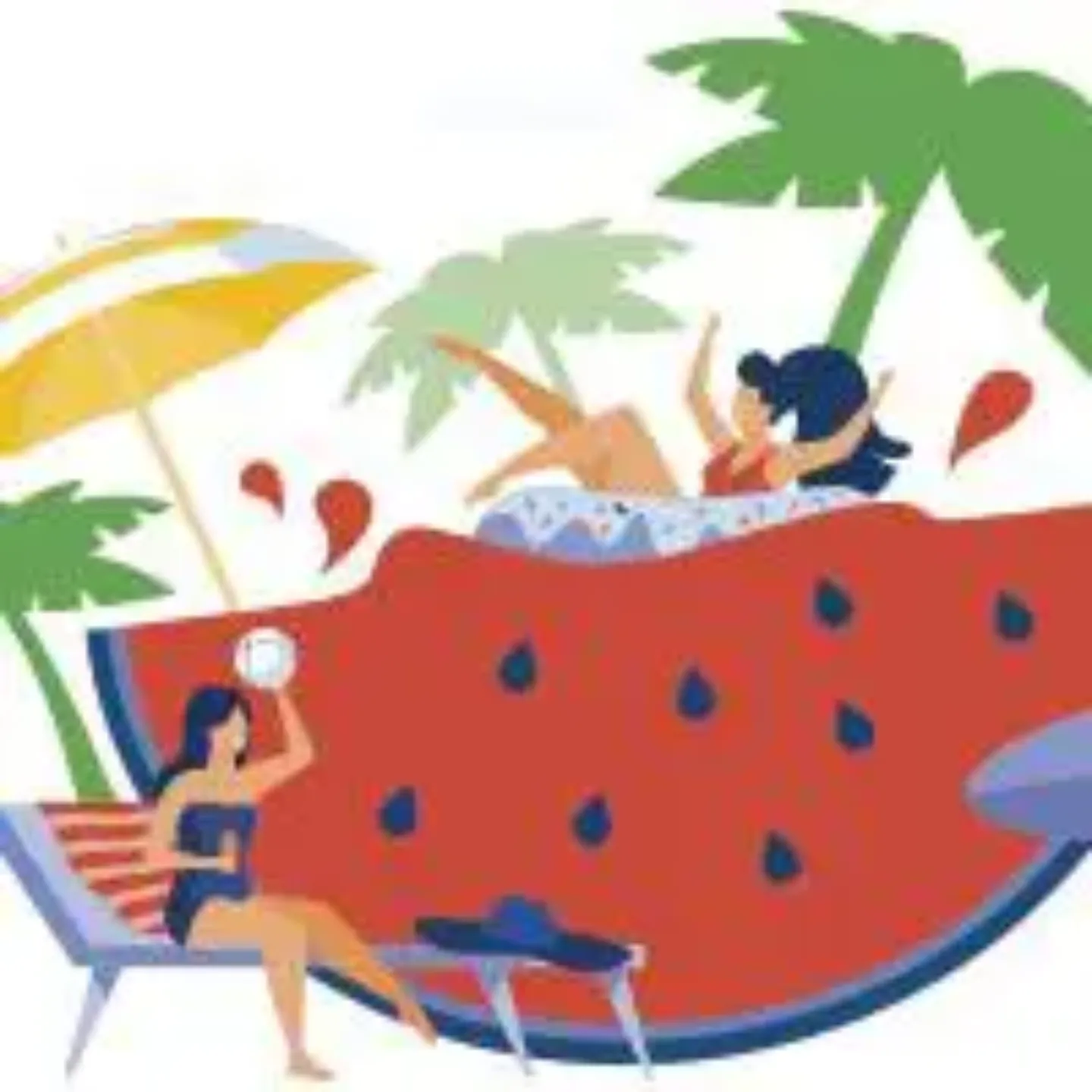 Ilustración veraniega con una rodaja de sandía, sombrillas, balones de playa y gente tomando el sol