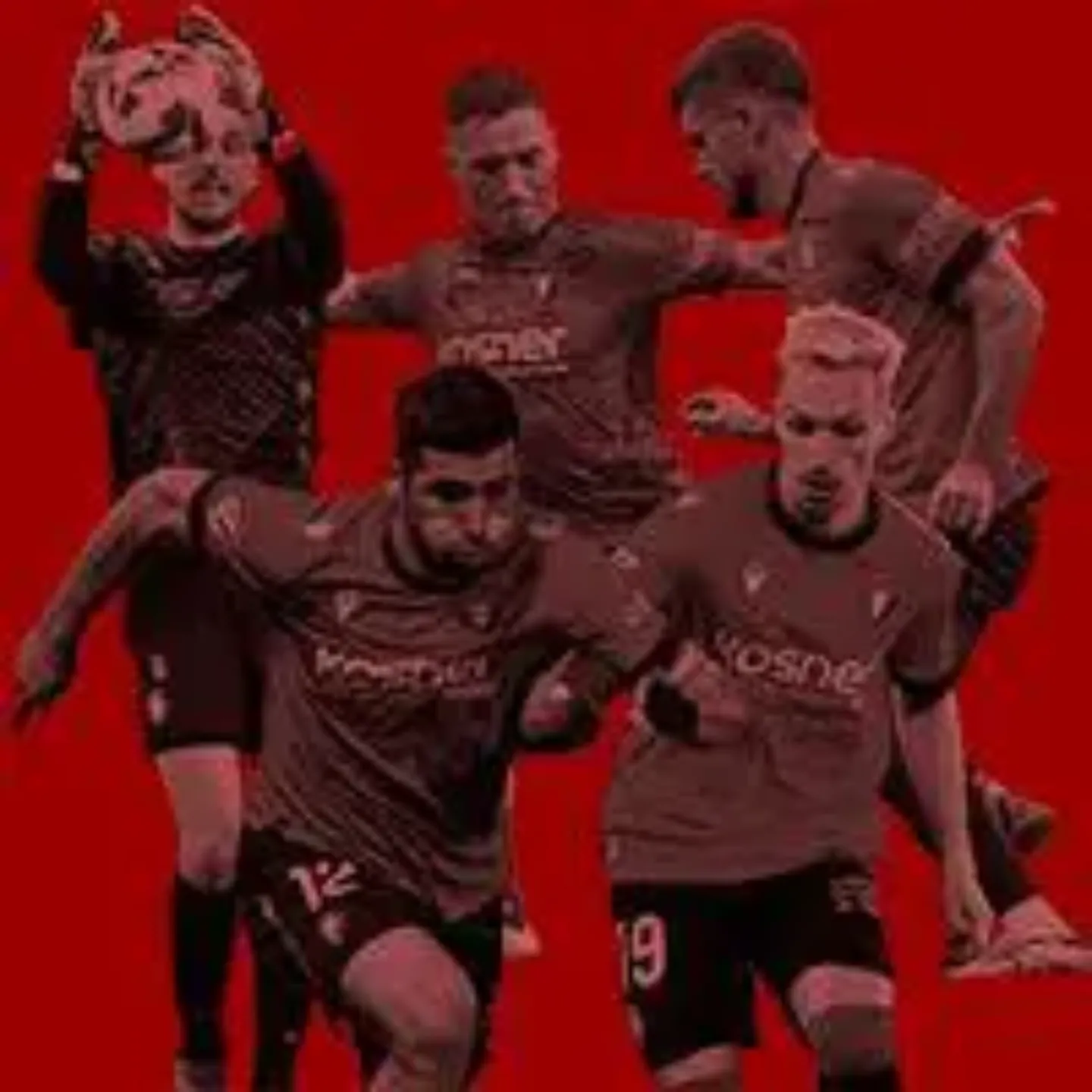 Imagen de varios jugadores de Osasuna con un fondo rojo. Clínica Universidad de Navarra