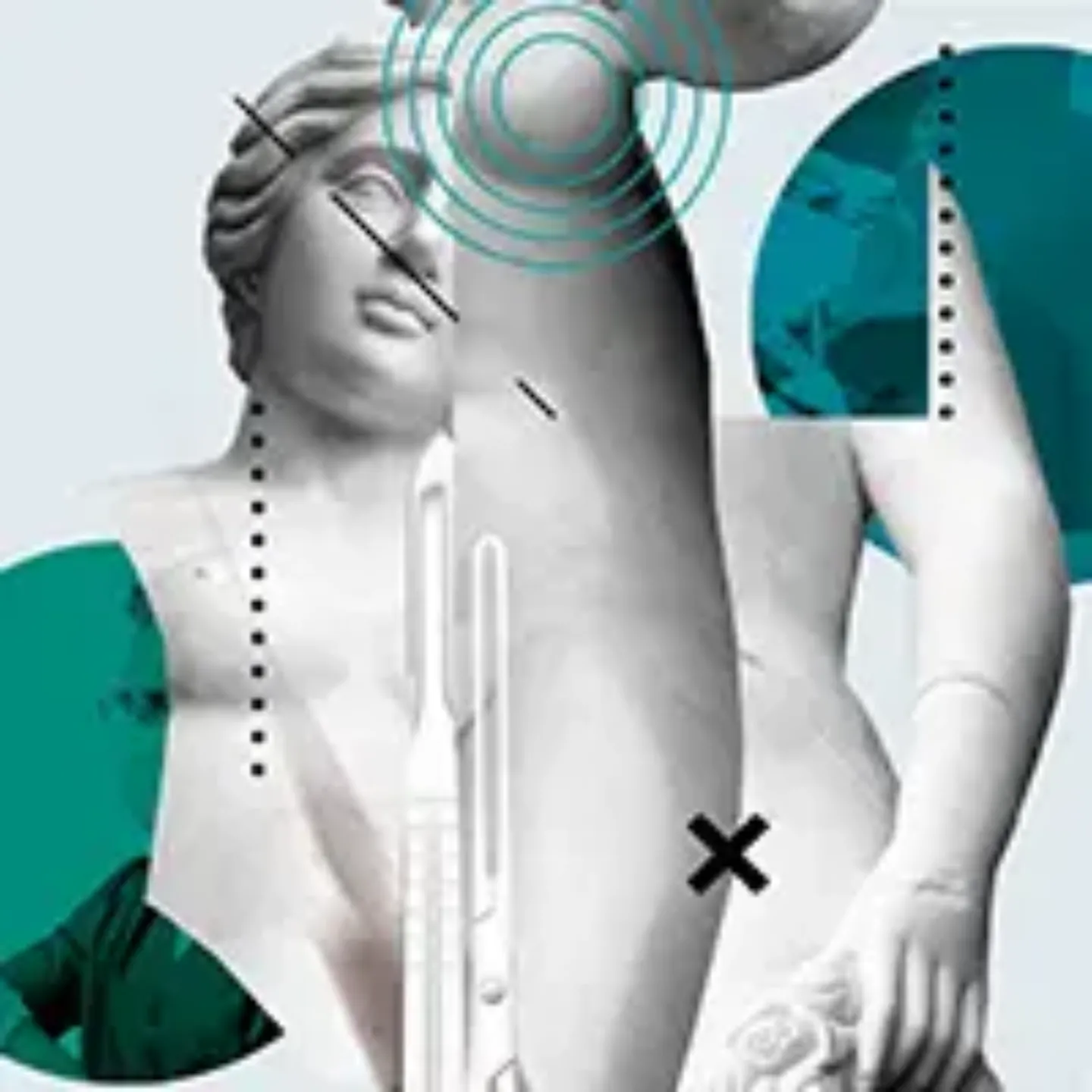 Imagen collage de una escultura clásica combinada con imágenes médicas en círculos de colores verdes y azules.