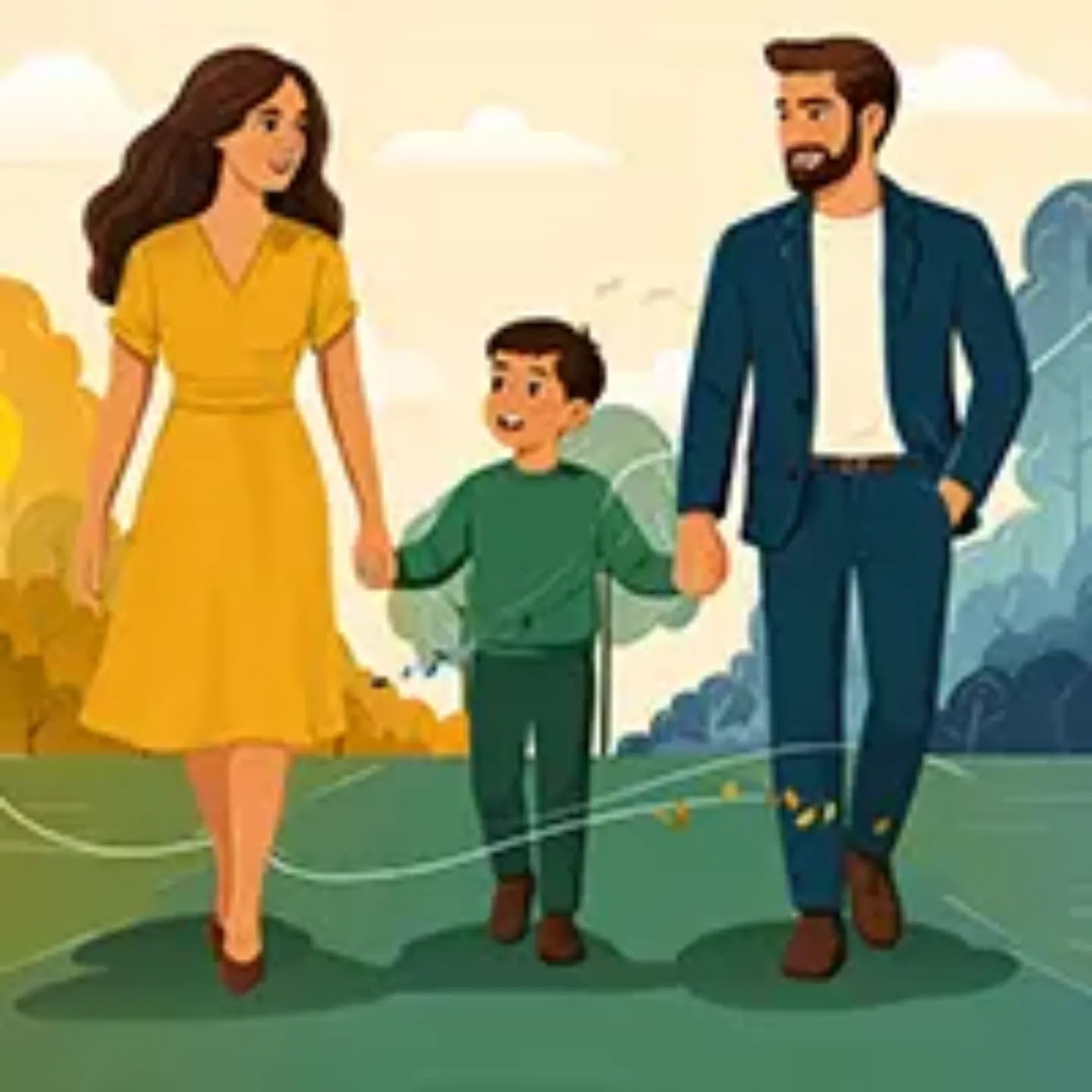 Ilustración de una madre, un padre y un niño agarrados de la mano caminando juntos con un bosque de fondo. 