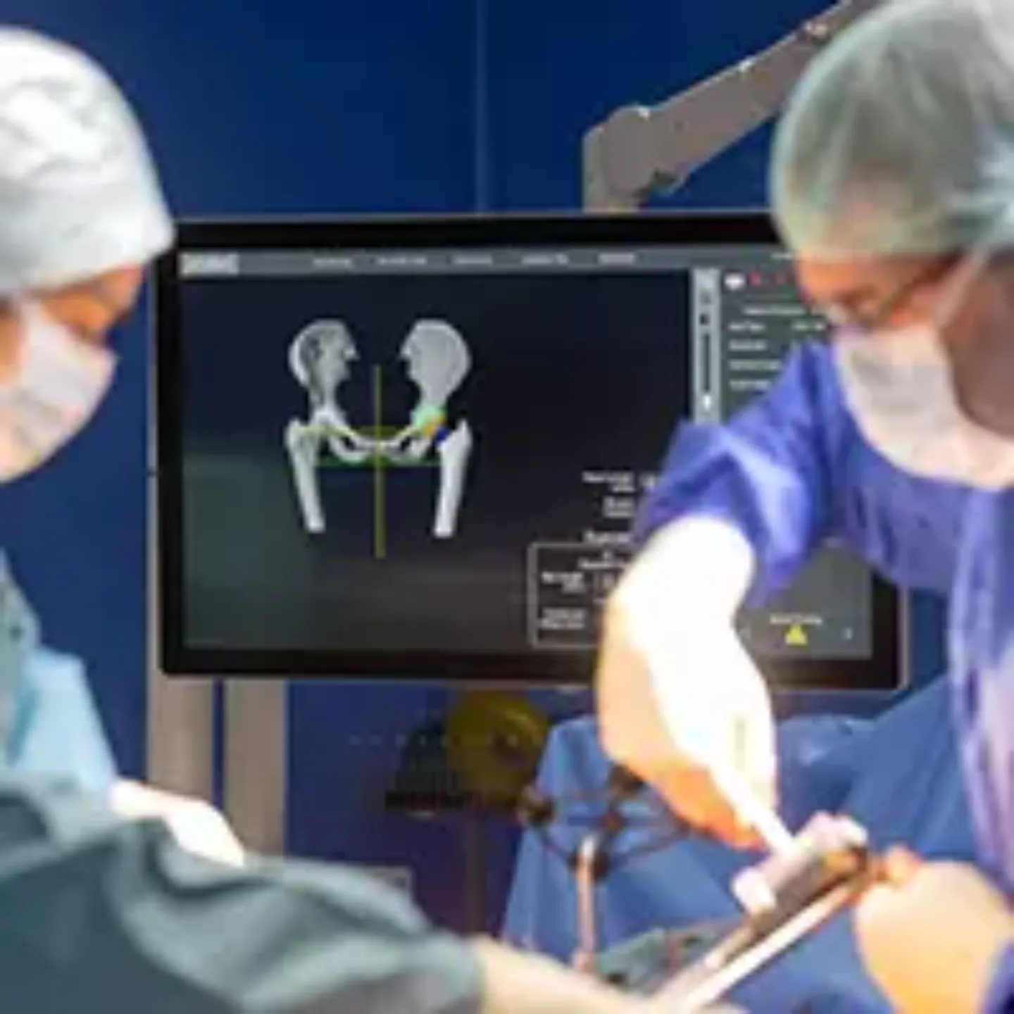 Imagen de un quirófano con dos cirujanos durante una operación de cadera con el robot Mako 4.