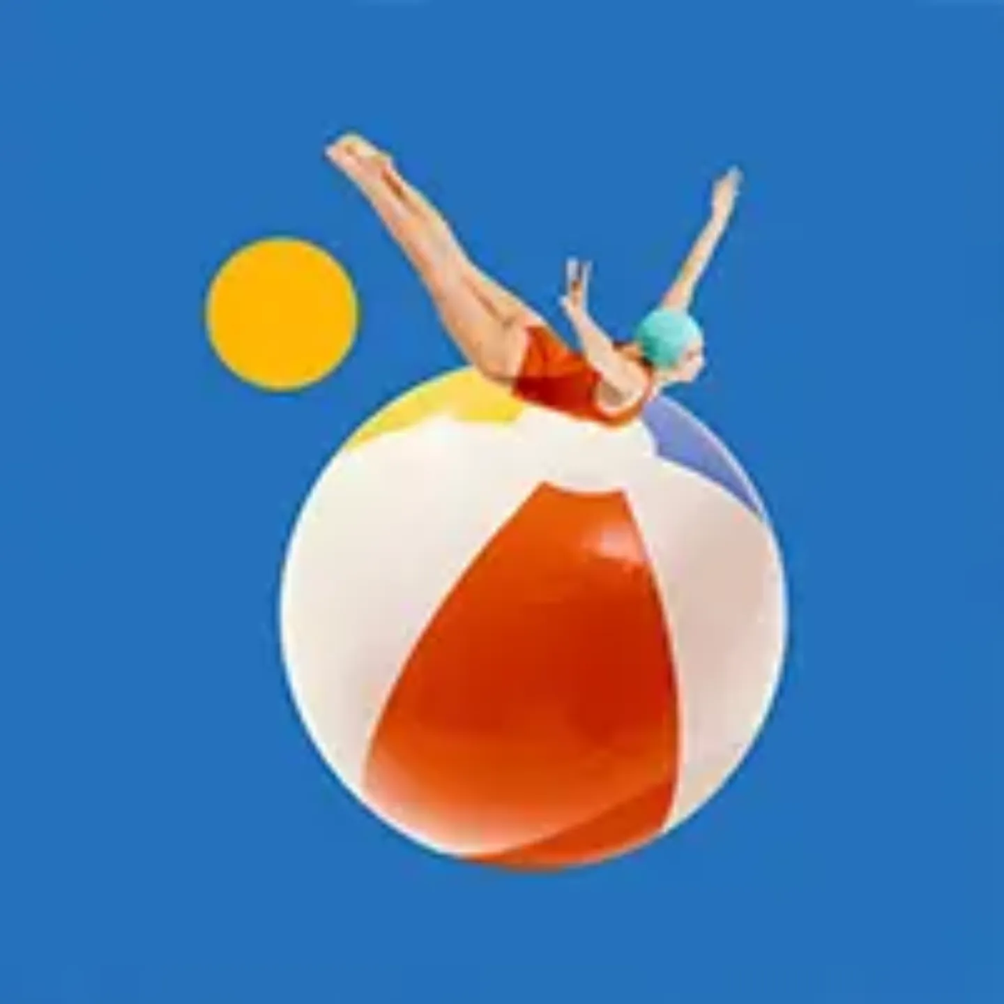 Imagen de un balón de playa, con una chica en bañador en posición de salto por encima, un fondo azul y un sol.