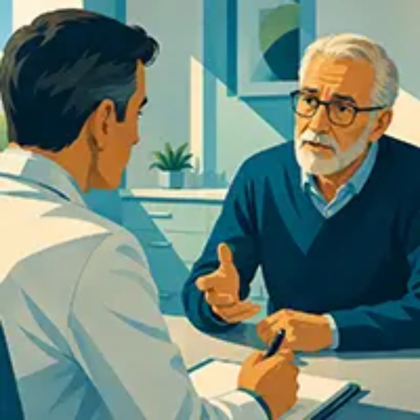 Ilustración de un paciente y un médico hablando en consulta.