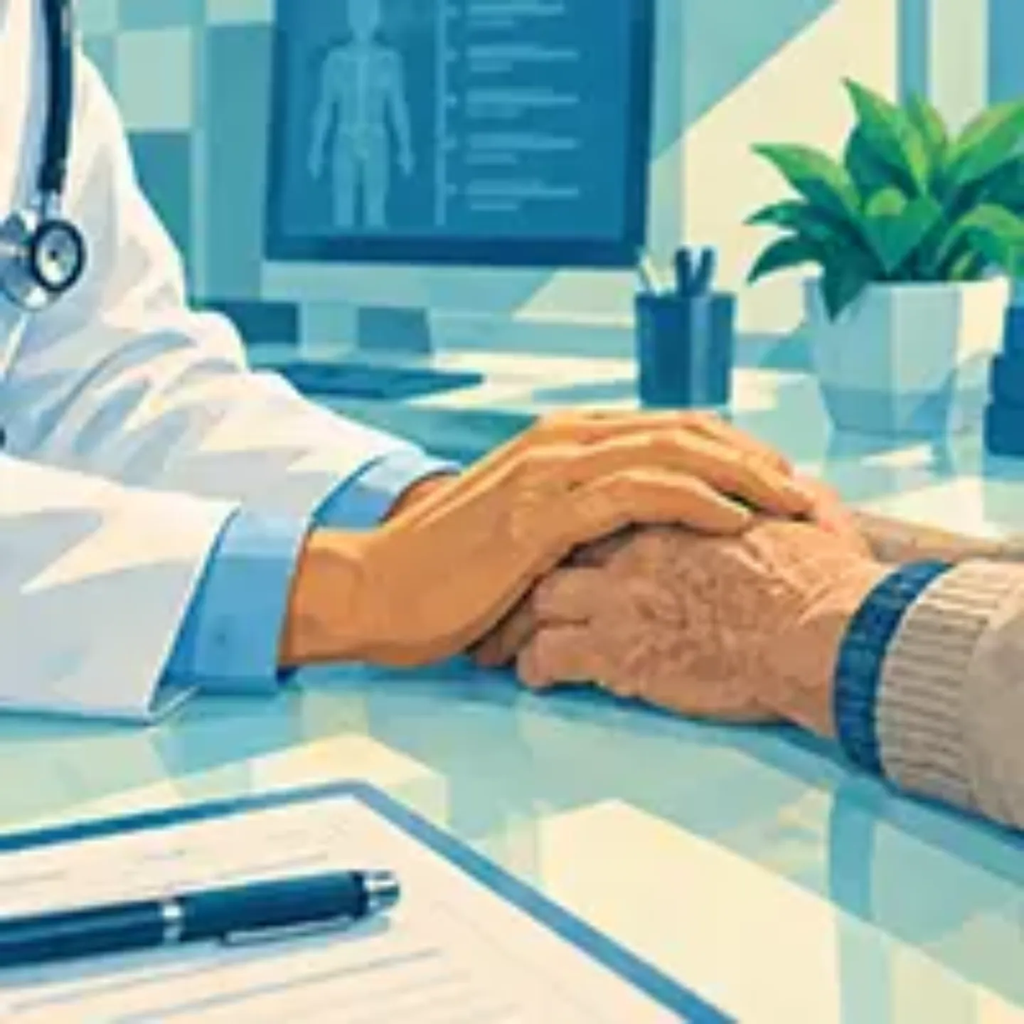 Ilustración de las manos de un médico sujetando las de un paciente sobre la mesa de una consulta.