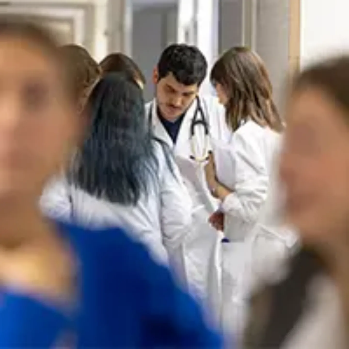 Imagen de varios residentes repartidos en grupos para iniciar los talleres de educación interprofesional. Clínica Universidad de Navarra