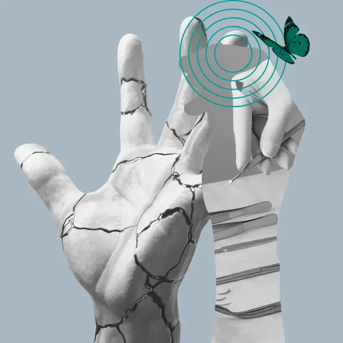 Ilustración de una mano de piedra resquebrajada