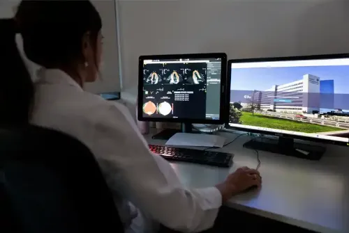 Imagen de la Dra. Ana De La Fuente, cardióloga de la Clínica Universidad de Navarra, analizando unas imágenes cardiacas.