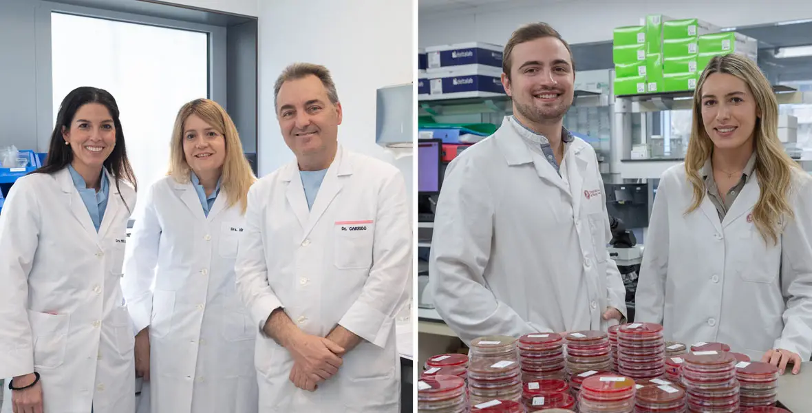 Estudio Microbiología y Pediatría durante el Covid Imagen de las Dras. Melania Íñigo y Alejandra Pérez García, del Servicio de Microbiología Clínica, el Dr. Felipe Garrido, del Departamento de Pediatría; junto a Álex Vacaroaia y Daniela Svedin, estudiantes de la Facultad de Medicina de la Universidad de Navarra.