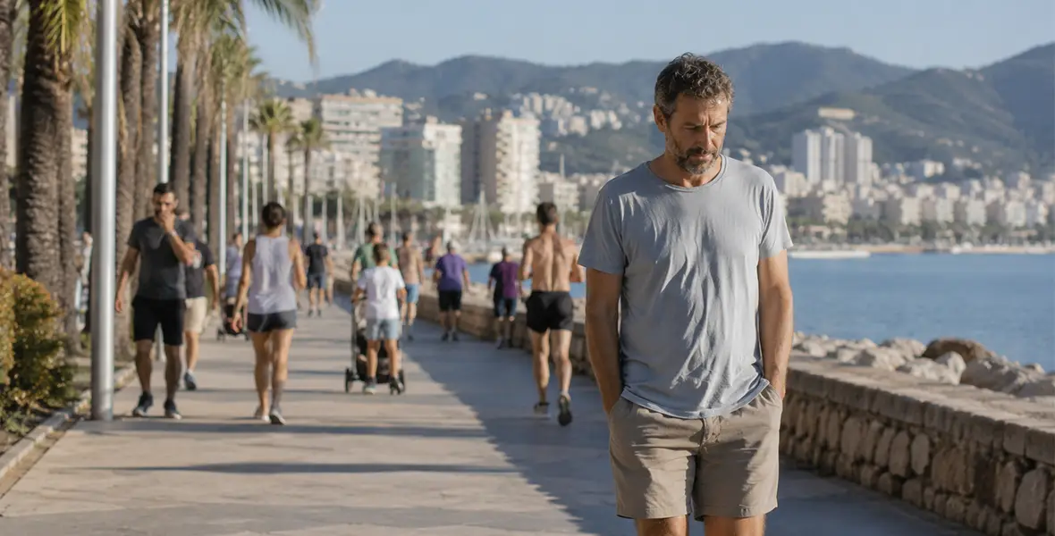 Foto generada con IA de un hombre caminando por el paseo marítimo para ilustrar una noticia sobre salud mental. 