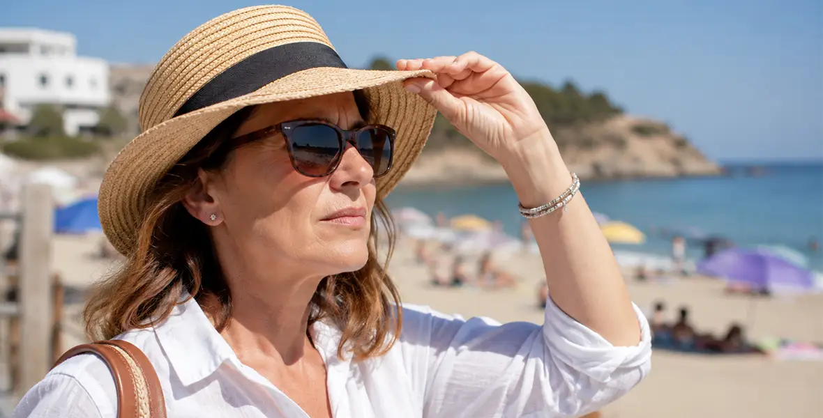 Foto de una mujer en la playa colocándose el sombrero para protegerse los ojos. 