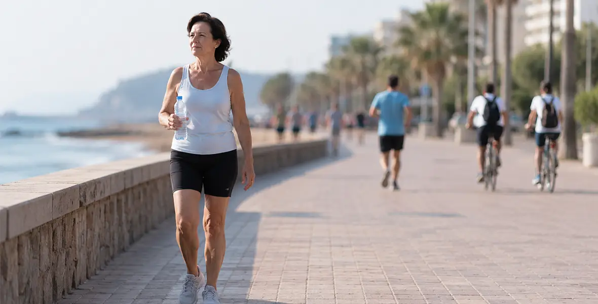 Foto de una mujer caminando en un paseo marítimo para ilustrar una noticia sobre hidratación. 