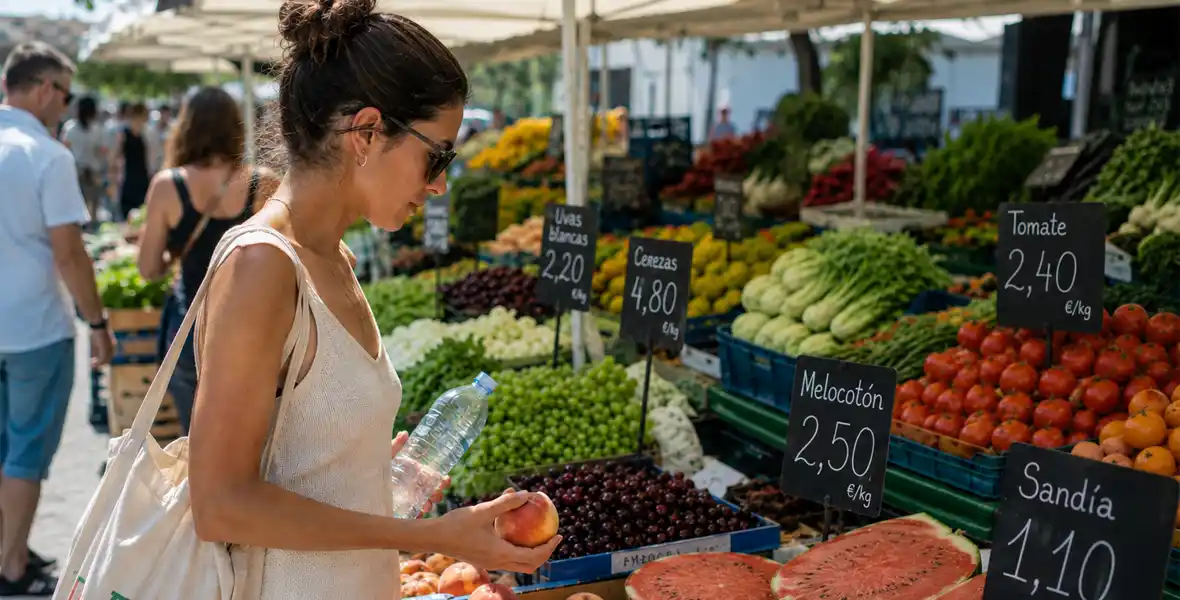 Imagen de recurso de una persona en el mercado de fruta para ilustrar los problemas digestivos que se pueden experimentar en verano según especialistas de la Clínica Universidad de Navarra.