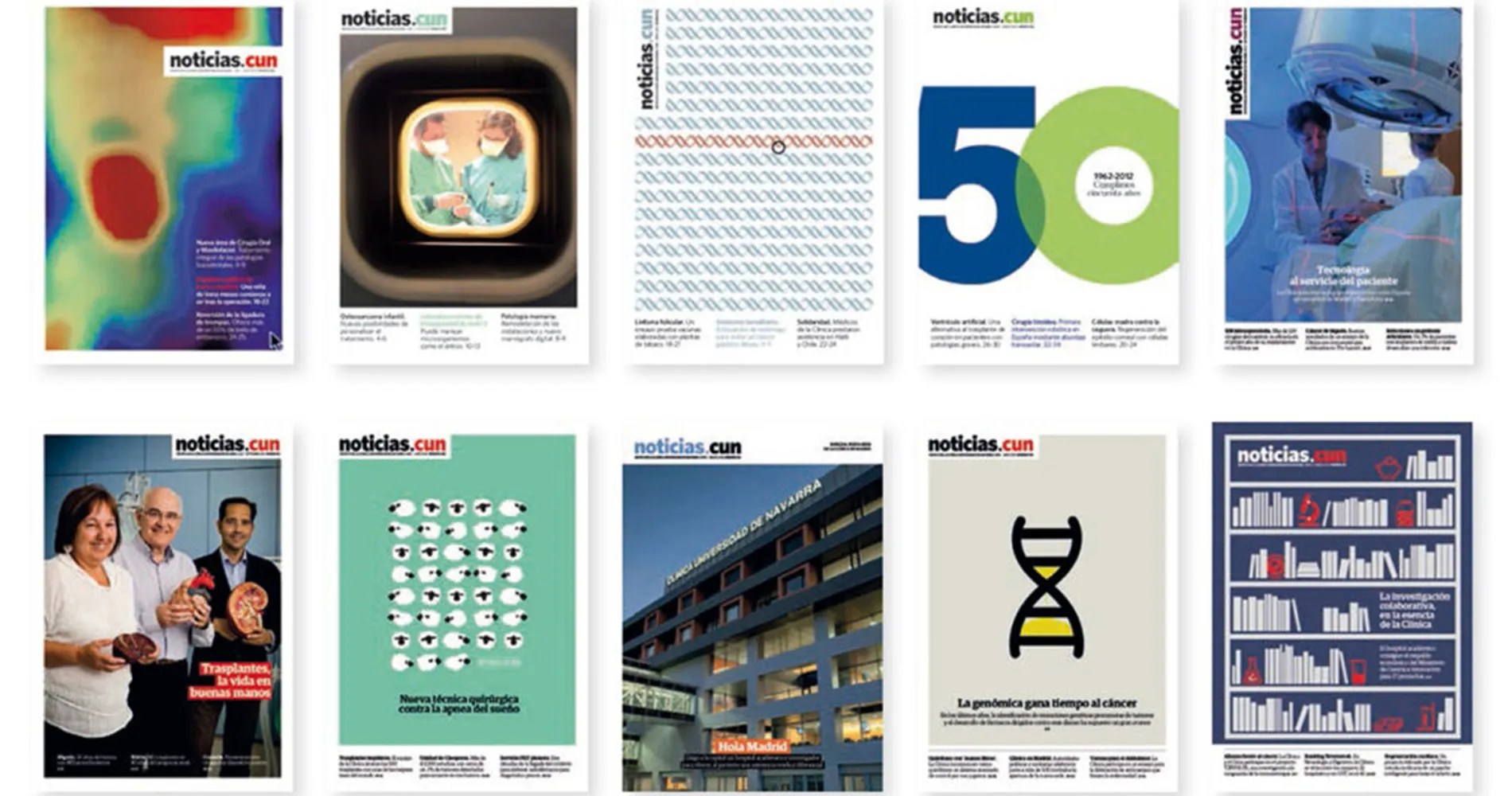 Portadas Revista Noticias.CUN. Clínica Universidad de Navarra Collage de distintas portadas de la revista Noticias.CUN de la Clínica Universidad de Navarra.