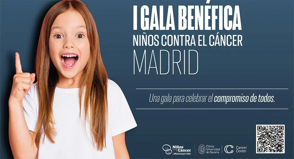 Banner de promocion de la gala de NCC Imagen de una niña de NCC con el QR de promoción de la gala de niños contra el cáncer