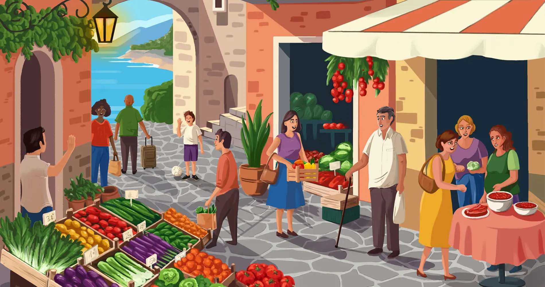 Ilustración de un pueblo mediterráneo. Clínica Universidad de Navarra Ilustración de un pueblo mediterráneo donde se ve todo lo que significa la dieta mediterránea como identidad.