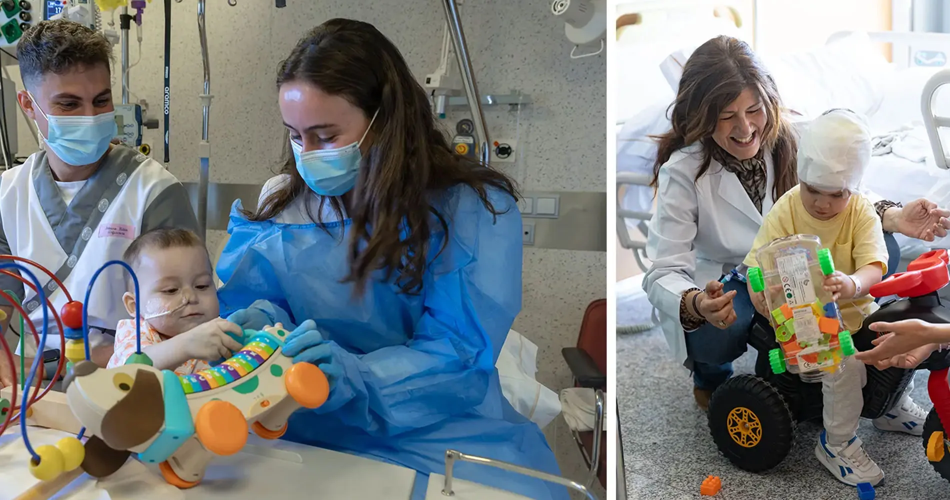 Enfermero y pedagogas de la Clínica Universidad de Navarra con pacientes pediátricos Enfermero y pedagogas de la Clínica Universidad de Navarra trabajando en la UCI Pediátrica de la sede de Pamplona.